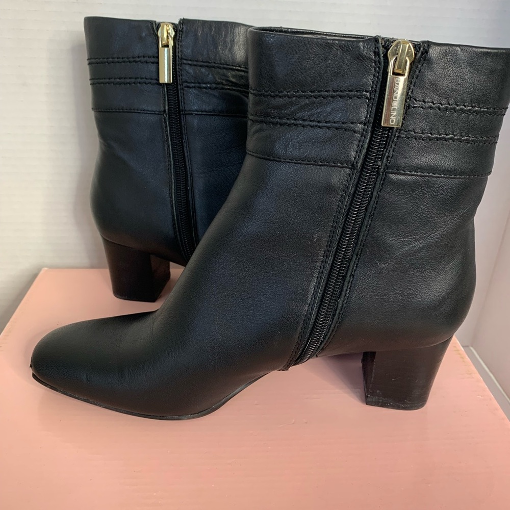 Bandolino Black Leather Heeled Ankle Boots with Gold Tone Metal Accent Size 7 - Picture 3 of 16